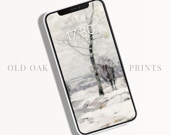 May include: A phone screen displaying a wintery landscape painting with a single tree in the foreground. The time is 17:30 and the date is Wednesday, 25th June.
