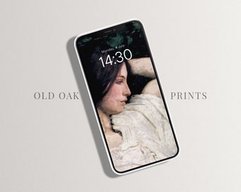 May include: A white smartphone shows a classical painting of a woman in profile, with the time 14:30 and the date Monday, 4 July visible on the screen. The words "OLD OAK" and "PRINTS" are printed on the background.