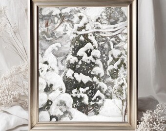 Impression d'arbre de Noël vintage : paysage d'hiver enneigé (téléchargement numérique)