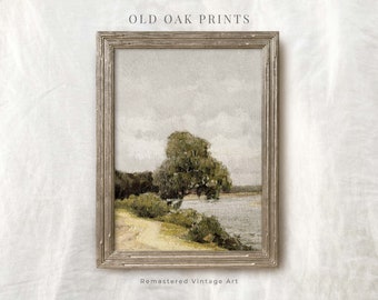 Pintura vintage de paisaje ribereño: Arte de una casa rural verde (Descarga digital)