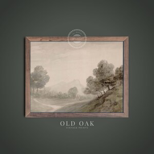 May include: A framed watercolour painting of a landscape with trees and a winding path. The painting is in shades of brown and green, with a light background. The text "OLD OAK VINTAGE PRINTS" is below the painting.