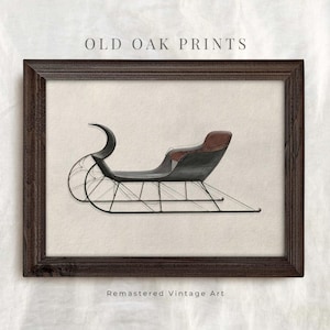 Könnte beinhalten: Eine Vintage-Illustration eines schwarzen Schlittens mit braunem Sitz, gerahmt in einem dunklen Holzrahmen. Das Bild trägt den Titel "Old Oak Prints" und "Remastered Vintage Art".