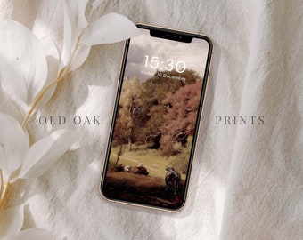 May include: A phone screen displaying a digital clock with the time 15:30 and the date Friday, 10 December. The background image is a painting of a forest scene with trees and a path.