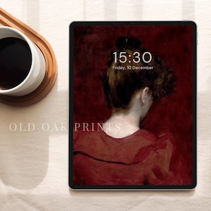 Könnte beinhalten: Eine digitale Illustration einer Frau, die dem Betrachter den Rücken zukehrt und ein rotes Kleid trägt. Der Hintergrund ist tiefrot. Die Uhrzeit ist 15:30 Uhr und das Datum ist Freitag, der 10. Dezember.