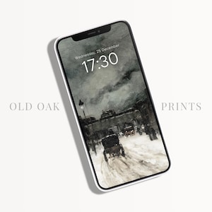 May include: A phone screen displaying a digital clock with the time 17:30 and the date Wednesday, 25 December. The background image is a watercolor painting of a snowy street scene at night.