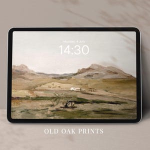 May include: A digital illustration of a landscape with a digital clock displaying 14:30 and the text "Monday, 4 July". The landscape is painted in muted tones of brown, green, and beige, with a distant mountain range in the background.