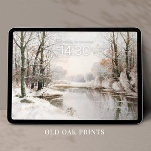 Sfondo per iPad Winter Lake Forest, Paesaggio invernale vintage, Sfondo magico di Natale per iPad, Arte invernale antica / W193
