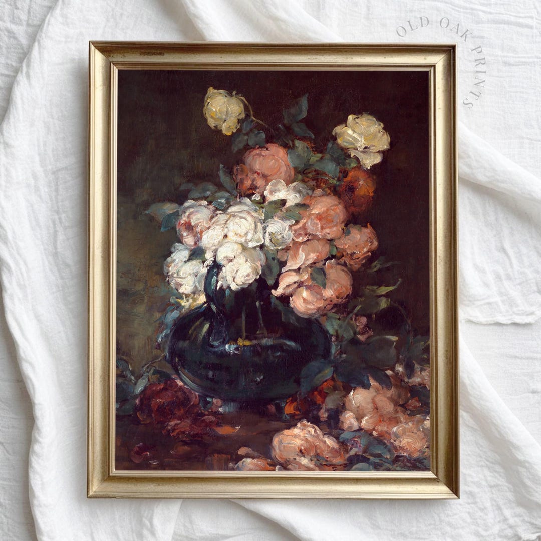 Vintage Rose Still Life Art Print: Moody Floral Painting (digital ...