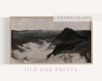 May include: A framed painting of a landscape with a dark hill in the foreground and a distant horizon. The painting is done in shades of gray and white, with a hint of blue in the sky.