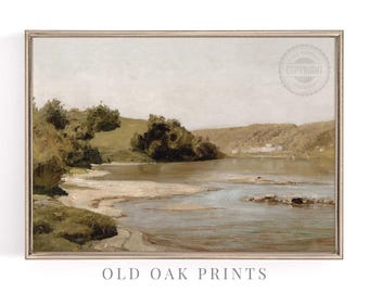 Vintage River Landscape Painting: Printable Farmhouse Wall Art (Digital Download)