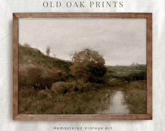 Pintura vintage de paisaje fluvial: Impresión otoñal en tonos cálidos (arte digital)