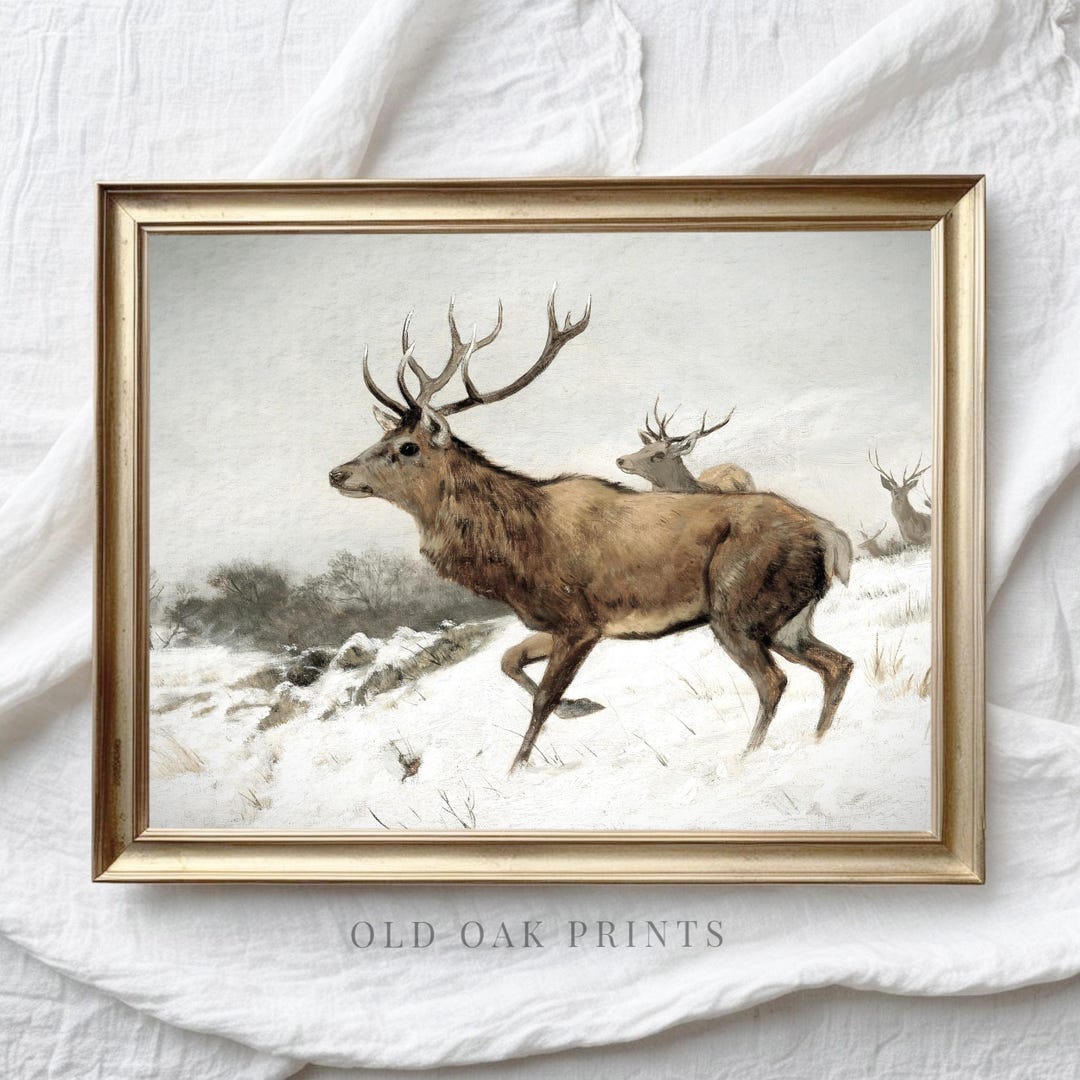 Vintage Deer Print,snowy Winter Landscape Print, Christmas Wall Decor ...