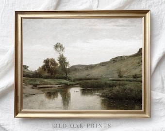 Vintage Green Landscape Painting: Antique Farmhouse Print (Digital Download)