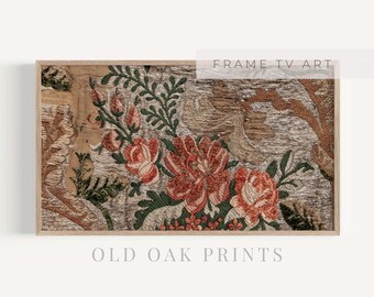 May include: A framed print of a vintage floral tapestry with a brown background and red, orange, and green flowers.