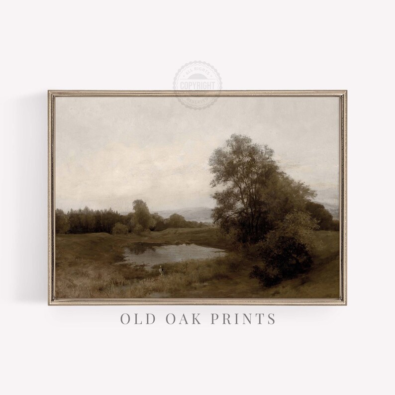 May include: A vintage-style painting of a landscape with a pond, trees, and a cloudy sky. The painting is framed in a gold frame.