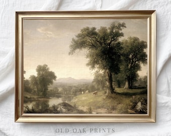 Vintage Landscape Print | Grazing Cows Valley Painting PRINTABLE | 215