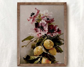Vintage Lemon Floral Painting: Antique Botanical Still Life (Printable Wall Art)