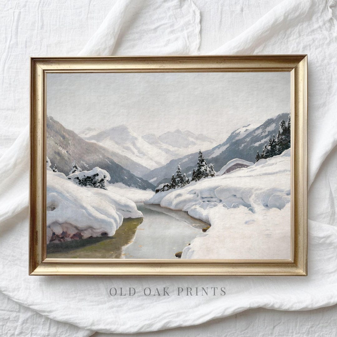 Vintage Snowy Mountain Landscape Print: Rustic Winter Wall Art (digital ...