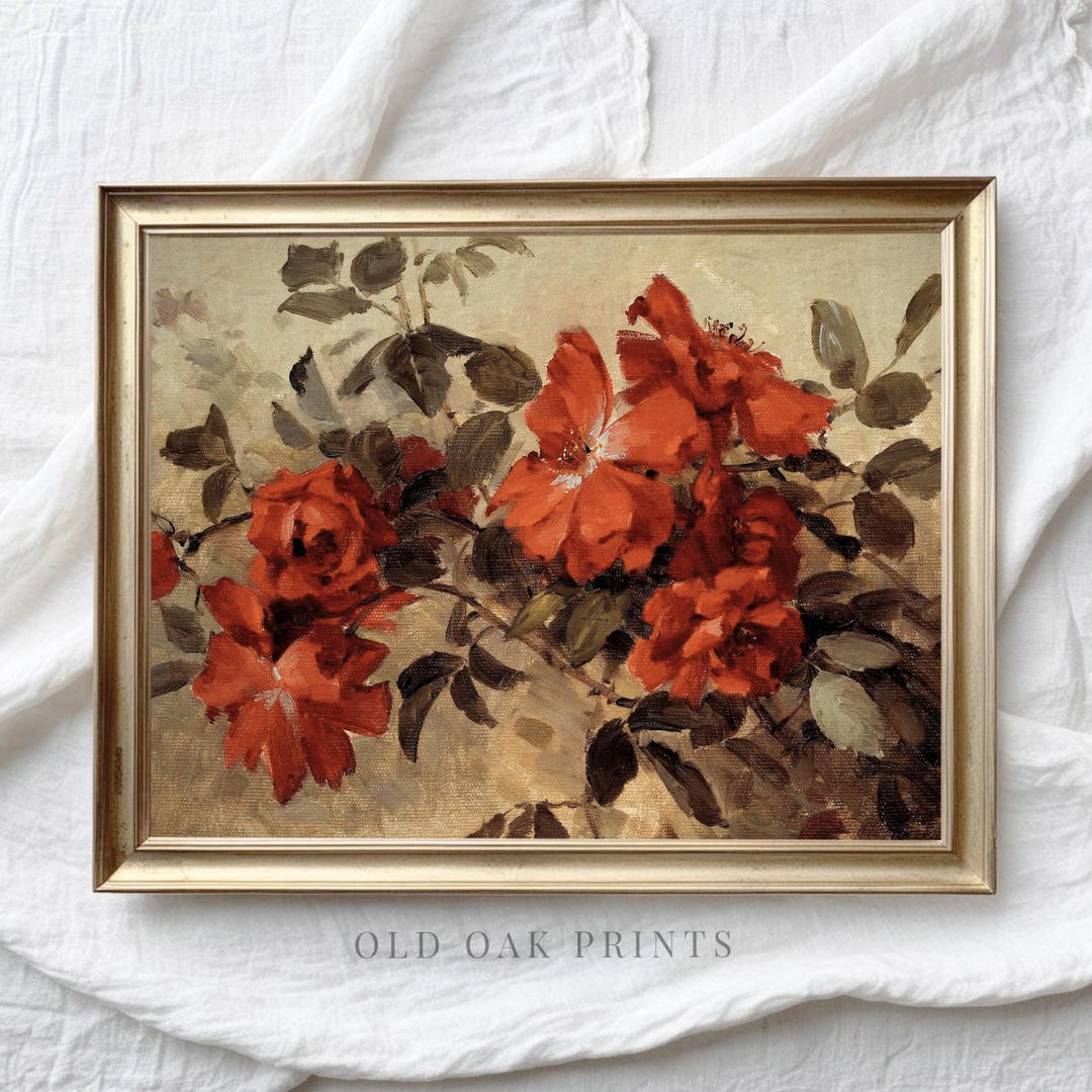 Vintage Red Roses Art Print: Floral Still Life Oil Painting (digital ...