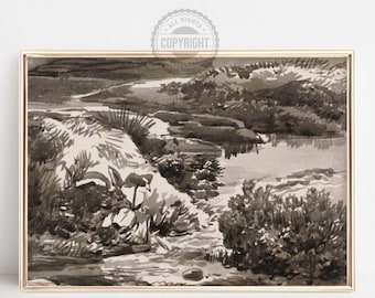 Vintage Landscape Sketch Art Print: Moody Fall Nature (Digital Download)