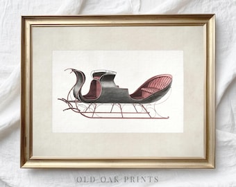 May include: Framed vintage print of a horse-drawn sleigh. The sleigh is black with red seating and runners. The print is in a gold frame and set against a white background. The text "OLD OAK PRINTS" is at the bottom of the print.