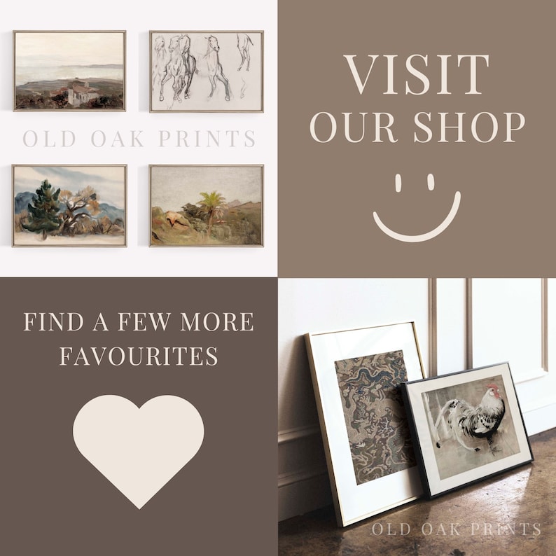 May include: A collage of framed art prints featuring a variety of subjects, including landscapes, animals, and abstract designs. The text "Old Oak Prints" appears at the top of the collage. The text "Visit Our Shop" appears in a brown box with a smiley face. The text "Find a Few More Favourites" appears in a brown box with a heart shape. The text "Old Oak Prints" appears at the bottom of the collage.