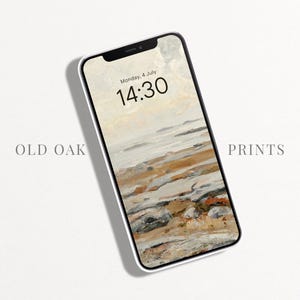 Könnte beinhalten: Ein Smartphone, auf dem eine Digitaluhr mit der Zeit 14:30 und dem Datum Montag, 4. Juli angezeigt wird. Das Hintergrundbild ist ein Gemälde eines felsigen Strandes mit einem bewölkten Himmel.