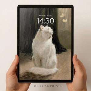 May include: A digital illustration of a white cat sitting on a brown surface, looking up at two yellow butterflies flying in the air. The image is displayed on an iPad screen with the time 14:30 and the date Monday, 4 July.