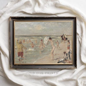 Vintage schilderij strandtafereel: afdrukbare kustzomerkunst (digitale download)