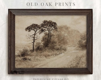 Antique Sepia Landscape Sketch: Vintage Forest Tree Art (Printable)