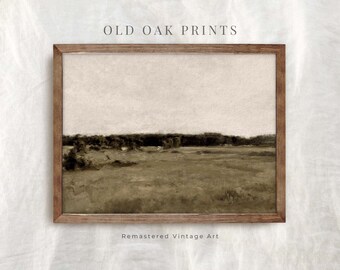 Vintage Muted Green Landscape Painting: Farmhouse Art Print (Digital Download)