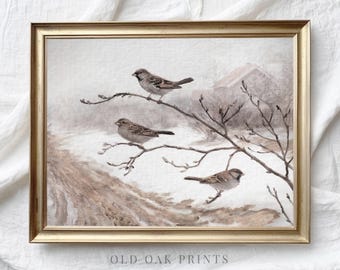 Vintage Winter Spatzen Kunstdruck: Verschneite Landschaft (Printable)