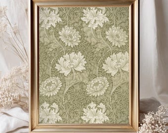 May include: A framed print of a vintage floral pattern featuring white flowers on a green background. The print is in a gold frame and has the text "OLD OAK PRINTS" at the bottom.