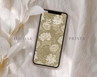 ヴィンテージフローラルのiPhone壁紙 | ライトグリーンのボタニカルアート（デジタルダウンロード）