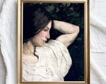 Antieke vrouwenportretafdruk: humeurig olieverfschilderij (digitale download)