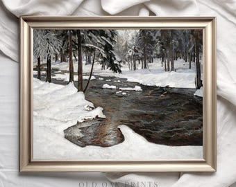 Vintage Winter River Landscape Painting: Snowy Christmas Wall Art (Digital Download)