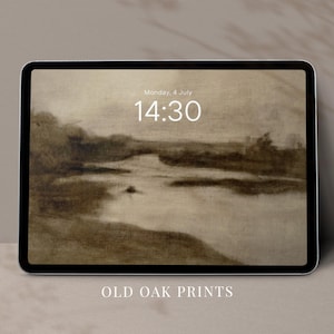 May include: A digital illustration of a landscape with a river and trees in shades of brown and gray. The time is displayed as 14:30 on a digital clock with the date Monday, 4 July. The text "OLD OAK PRINTS" is displayed at the bottom of the image.