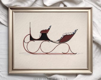 May include: A vintage illustration of a red and black sleigh with a white and blue patterned seat. The sleigh is on a white background.