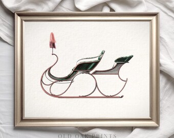 May include: A vintage illustration of a green and white sleigh with a pink tassel on top. The sleigh is drawn in a detailed style and would be perfect for a holiday-themed print.