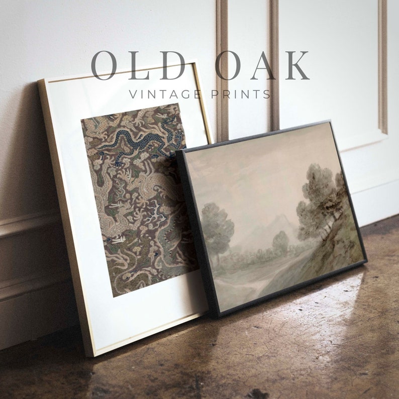 May include: Two framed vintage prints, one with a black frame and a landscape scene, and the other with a gold frame and a detailed, intricate design in shades of brown, green, and gold. The text "OLD OAK VINTAGE PRINTS" is displayed above the frames.