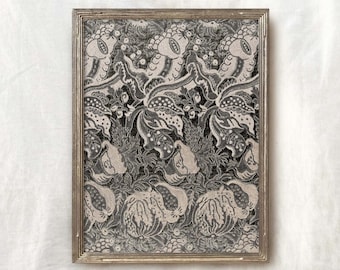 Peut inclure: Une impression vintage en noir et blanc d'un motif floral dans un cadre argenté. L'impression est intitulée "Old Oak Prints" et "Remastered Vintage Art".