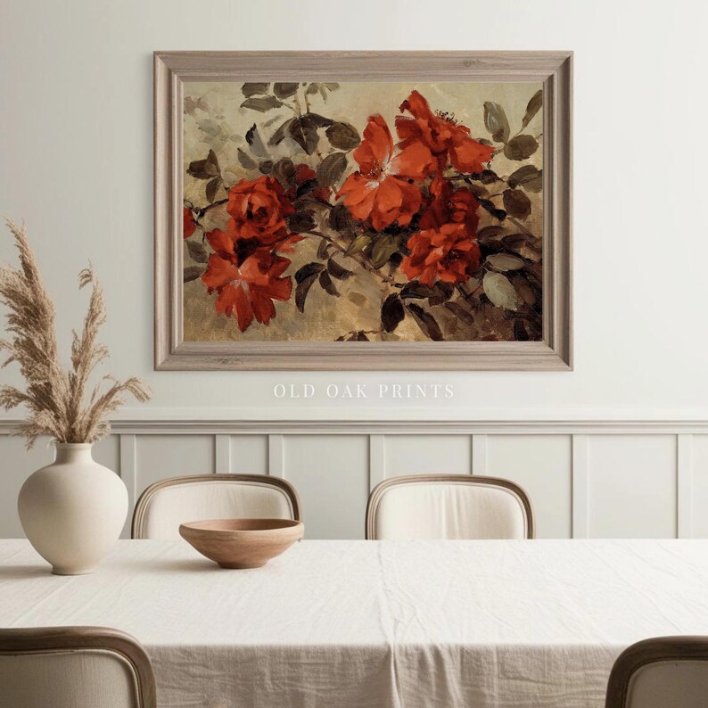Vintage Red Roses Art Print: Floral Still Life Oil Painting (digital ...