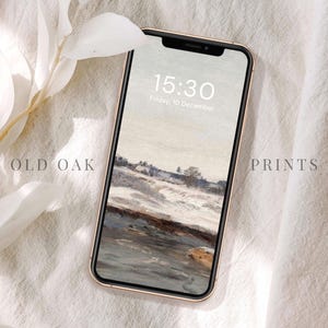 May include: A phone screen displaying a digital clock with the time 15:30 and the date Friday, 10 December. The background image is a painting of a landscape with a river and trees in muted tones.