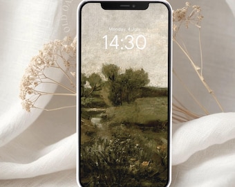 May include: A phone screen displaying a digital clock with the time 14:30 and the date Monday, 4 July. The background is a painting of a landscape with trees and a river.