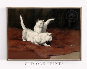 May include: Two white kittens playing on a brown rug. The kittens are facing each other and appear to be chasing each other. The rug is a rich brown color and has a soft texture.