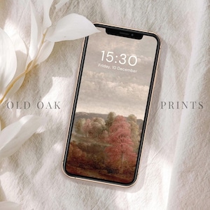 May include: A digital phone screen displaying a landscape painting with a cloudy sky and trees in shades of brown, red, and green. The time is 15:30 and the date is Friday, 10 December.