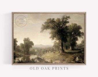 Vintage Landscape Print | Grazing Cows Valley Painting PRINTABLE | 215