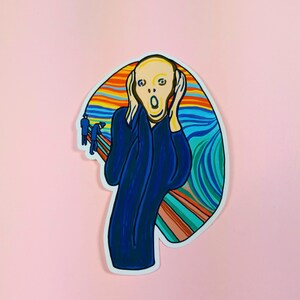 May include: A sticker featuring a stylized depiction of Edvard Munch's "The Scream." The artwork shows a figure with a pale face, open mouth, and hands on its cheeks, set against a swirling, colorful background. Two figures are in the background.