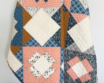 Handmade Throw Quilt: Meadowland pattern, Ranier fabric, cotton back, 61”x61”