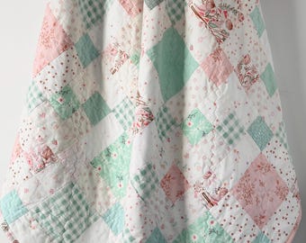 Baby Girl Quilt in Pinks and Aqua, minky dot backing